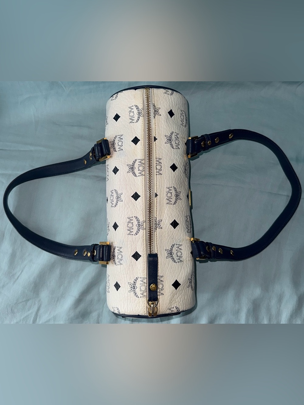 MCM Authentic White&Navy Visetos Logo Barrel Bag Navy Straps&Gold Tone Hardware - Picture 5 of 13